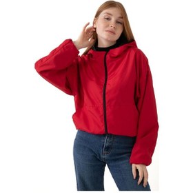 Resim Firststops Kadın Kırmızı Kapüşonlu Su Ve Rüzgar Geçirmez Cepli İçi Astarlı Oversize Mevsimlik Yağmurluk Kırmızı 
