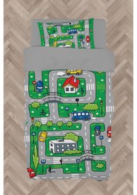 Resim Mekta Home Bebek Ve Çocuk Odası Şehir Ve Yol Desenli Yeşil Nevresim Takımı 
