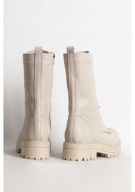 Resim Kadın Postal Kalın Tabanlı Fermuarlı Günlük Bot Gerçek Deri Br 66159 Bej Bej 