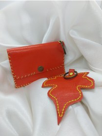 Resim sorte store Hakiki Deri Turuncu Renkli İşlemeli Cüzdan ve Anahtarlık Set 