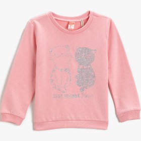 Resim Kız Bebek Kedi Baskılı Sweatshirt Bisiklet Yaka Pamuklu 
