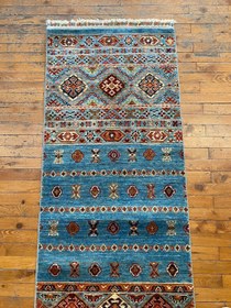 Resim Turquoise 2x8ft Turkish Runner Rug - Natural Dye Hallway Carpet 