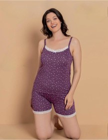 Resim Pijamerry Kadın İp Askılı Milan Kumaş Likralı Şortlu Pijama Takımı 6026 - 1 Adet Mor 