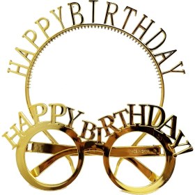 Resim Happy Birthday Yazılı Taç ve Happy Birthday Yazılı Gözlük Seti Altın Renk 