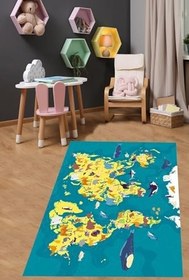 Resim Pelangi Safari Karada ve Suda Yaşayan Hayvanlar Yıkanabilir Kaymaz Taban Leke Tutmaz Çocuk Odası Halısı, Turkuaz-Sarı 60 x 200, 903868015760200 