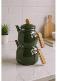 Resim Sultan - Bambu Kulplu Emaye Çaydanlık Takımı Koyu Yeşil 