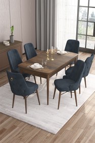 Resim Canisa Are Serisi 80x132 Mdf Açılabilir Barok Ahşap Desen Masa Takımı Gümüş Halka 6 Antrasit Sandalye 