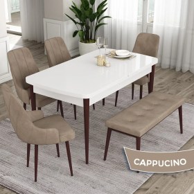 Resim Canisa Concept Ram Serisi 80 x 132 cm Mutfak Masa Takımı Beyaz Masa Kahverengi Ayak 4 Sandalye 1 Bench 