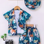 Resim 3 adet Erkek Yazlık Rahat Moda Tatil Stili Rastgele Tropikal Palmiye Ağacı Baskılı Yaka Gömlek ve Şort ve Taşınabilir Şapka Seti, Sadece Giyim Ürünleri Satılır, Çocuklar için Hafif Rahat Çok Yönlü Trend Spor Giyim, Açık Hava Aktiviteleri ve Günlük Giyim için Uygun, En İyi Hediye Seçeneği, Açık Hava için Mükemmel 