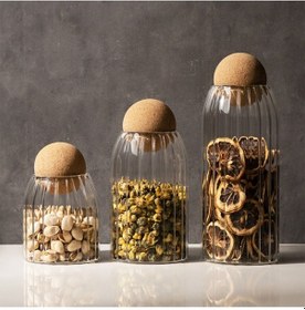 Resim Morponi 3lü Top Mantar Kapaklı Çizgili Cam Kavanoz Ve Baharatlık Seti Şeffaf 
