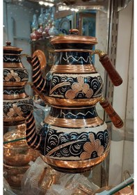 Resim Bakır Çaydanlık El Işlemesi Çiçek Desenli Siyah Renk İşlemeli 