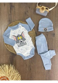 Resim Hello Friends Alttan Çıtçıtlı Bereli Unisex 3lü Bebek Takım Açık Mavi 