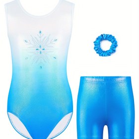 Resim Kız Çocukları için Kar Tanesi Taşlı Jimnastik Tulumu, Bale Dans Pratik Kıyafeti, Kolsuz Üçgen Body İki Parça Takım ve Saç Lastiği, Açık Hava için Mükemmel 
