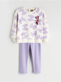 Resim LC Waikiki Lila Bisiklet Yaka Minnie Mouse Baskılı Kız Çocuk Sweatshirt ve Tayt 2'li 