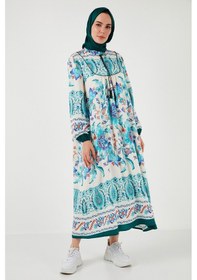 Resim Lela Modest Desenli Regular Fit Bağlamalı V Yaka Maxi Bayan Elbise 611El510 Yeşil 