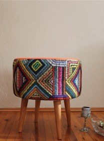 Resim Genel Markalar Retro Gürgen Ahşap Ayaklı Dekoratif Etnik Üst Kiremit Desenli Silindir Puf Bench 