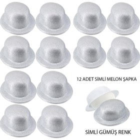 Resim Nessiworld Gümüş Renk Simli Melon Yuvarlak Parti Şapkası 12 Adet 