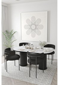 Resim Avvio Miranda Ptt Silindir Ayak 80x140 Oval Yemek Masası Mutfak Masası Masa Sandalye Takımı Bukle Kumaş Düz Beyaz 