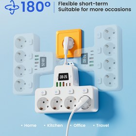 Resim Saatinin olduğu 10'lu Duvara Monte Elektrik Şeridi, 4 AC Priz ve 3 USB Portu (2 Type-C), Yanmaz Aşırı Gerilim Koruyucu, Ev & Ofis Kullanımı için Kompakt Tasarım, Siyah/Beyaz 