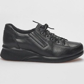 Resim Hakiki Deri Siyah Bağcıklı Kadın Comfort Ayakkabı-siyah Siyah 
