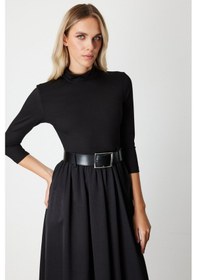 Resim On Kadın Beli Kemerli Mix Kumaş Midi Elbise 64410 Siyah Siyah 