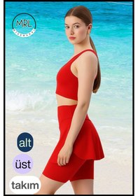 Resim Kadın Takım Alt - Üst Biker Şort Diz Üstü &crop Bra Ped Destekli Denizde Havuzda Sporda Kırmızı Kırmızı 