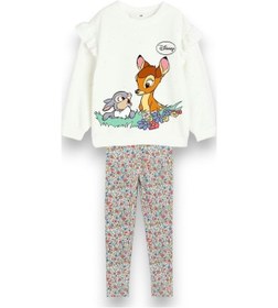 Resim Yeni Sezon Sevimli Geyik Tavşan Desenli Çiçekli Fitilli Tayt Ve Sweatshirt Alt Üst Takım Ekru 