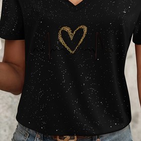 Resim Koyu Mavi Kalp Atışı ve Yıldız Baskılı V-Yaka Kısa Kollu Tişört - %100 Polyester, Günlük İlkbahar/Yaz Üstü, Makinede Yıkanabilir, Düzenli Kesim, Geometrik Tasarım, Günlük Giyim için Mükemmel, Rahat Oturan Tişört | Şık Günlük Giysi | Polyester Kumaş 