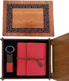 Resim Ahşap Kutulu Kırmızı Deri Defter Ve Anahtarlık Set 
