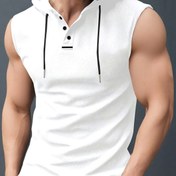 Resim Erkekler için Rahat Yazlık Kapüşonlu Tank Top - Hafif, Nefes Alabilen Polyester, Bağcıklı Kapüşon, Düz Renk, Rahat Kıyafetler İçin Düzenli Uygunluk, Günlük Rahatlık Kıyafetleri | Minimalist Tasarım | Pürüzsüz Dokusu 