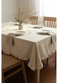 Resim Fırfırlı Krem Pamuklu Masa Örtüsü Şık Ve Zarif Tasarım Bej 