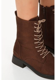 Resim Süet Bağcıklı Ve Fermuarlı Alçak Topuk Kadın Bot Kahverengi 