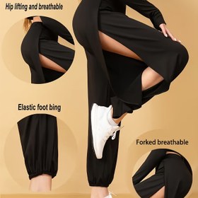 Resim Yan Yırtmaçlı Yüksek Bel Kadın Yoga Eşofmanları - Siyah, Bol Kesim, Esnek Bel Bandı, Koşu ve Günlük Kullanım için Nefes Alabilen Kumaş - İlkbahar/Yaz Koleksiyonu, Antrenman Aksesuarları 