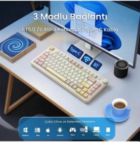 Resim Aula Au75 3 Modlu Rgb Hot Swap Mekanik Tkl Bloomfield Switch Kablosuz Makrolu Klavye Krem 
