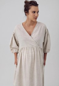 Resim Keten Yarım Balon Kol Kruvaze Hamile Elbise K102 - Siyah / S 