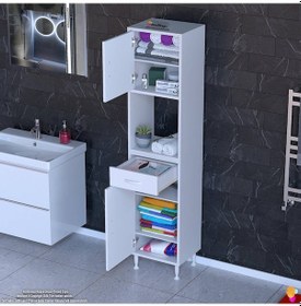 Resim Modilayn Arda Banyo Dolabı 50x173x32,5cm 1 Çekmece 2 Kapak Ve 6 Raflı İhtiyaca Uygun Kolay Kurulum Beyaz 