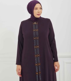 Resim Önü Çift Şeritli Taş İşlemeli Büyük Beden Ferace Mürdüm | 206648 - 52 / Mürdüm 