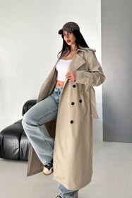 Resim AKD Atelier Kadın Trençkot Uzun Suni Deri Kemerli Düğmeli Cepli Yırtmaçlı Kruvaze Yaka Trençkot 