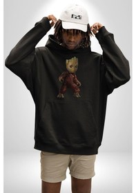 Resim Bebek Groot Guardians Galaxy Kadın Erkek Siyah Kapüşonlu Sweatshirt Hoodie Siyah 