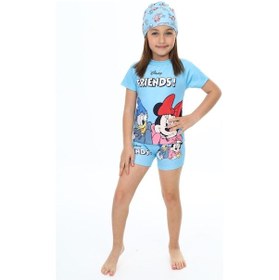 Resim Lolliboomkids Kız Çocuk Hipster Şort Mayo T-shirt Bone 3'lü Takım Güneş Koruma Hassas Ten Karakter Baskılı Mavi 