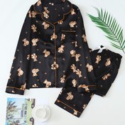 Resim Kare Ayı Baskılı Pijama Takımı, Uzun Kollu Üst ve Pantolon, Polyester Yaka Yaka Rahat Tüm Mevsimler Kadın Pijama 
