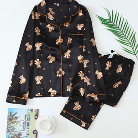 Resim Kare Ayı Baskılı Pijama Takımı, Uzun Kollu Üst ve Pantolon, Polyester Yaka Yaka Rahat Tüm Mevsimler Kadın Pijama 