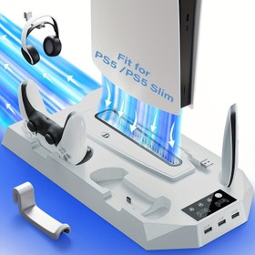 Resim PS5 Standı ve Çift Kontrolör Şarj İstasyonu için Soğutma İstasyonu, Playstation 5 Konsolu ile Uyumlu, PS5 Aksesuarları ile Uyumlu, Kontrolör Şarj Cihazı, Soğutma Fanı, Kulaklık Standı, 3 USB Hub, Medya Yuvası, Beyaz Vidalar Dahil 