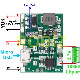 Resim ROBİZ Tp4056 18650 Lityum Pil Şarj Micro Usb Ayarlı Voltaj Yükseltici 3-7v To 27v Boost Step Up Lion Akü 