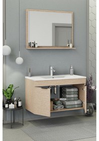 Resim Biani Fix Arya 100 Cm Banyo Dolabı,Seramik Lavabolu, Aynalı,Lavabo Dahil,Mdf,Aybe Bej 