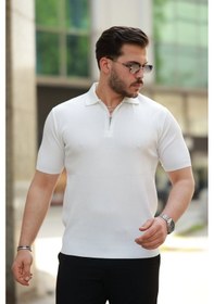 Resim Erkek Fermuarlı Yakalı Kısa Kollu Tshirt Beyaz 