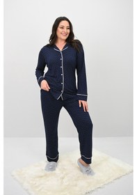 Resim Kadın Büyük Beden Uzun Kollu Önden Düğmeli Pijama Takımı 4234-25 Çok Renkli 