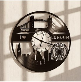 Resim London Şehir Silüeti Plak Duvar Saati Siyah 