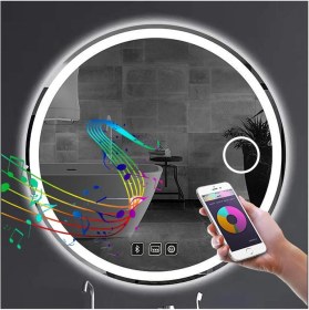 Resim Dnr-Mirror90 Cm Bluetoothlu Buğu Yapmayan Makyaj Aynalı Kumlamalı Beyaz Ledli Yuvarlak Banyo Aynası 