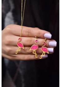 Resim Papatya Silver 925 Ayar Gümüş Gold Kaplama Incili Parlayan Rüya Serisi Tasarım Ebruli Cam Boyalı Flamingo Set 